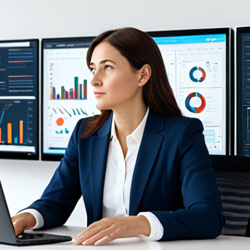 Home 4 A focused professional woman, mid-30s, wearing a modest business suit, seated at a sleek modern desk. She is looking at large, clear digital screens displaying various data visualizations, charts, and analytics related to content performance. The office background is bright, clean, and minimalist, suggesting efficiency and strategic thinking. Professional photography, high-quality, fully clothed, appropriate attire, safe for work, appropriate content, perfect anatomy, correct proportions, natural pose, well-formed hands, proper finger count, natural body proportions, family-friendly.