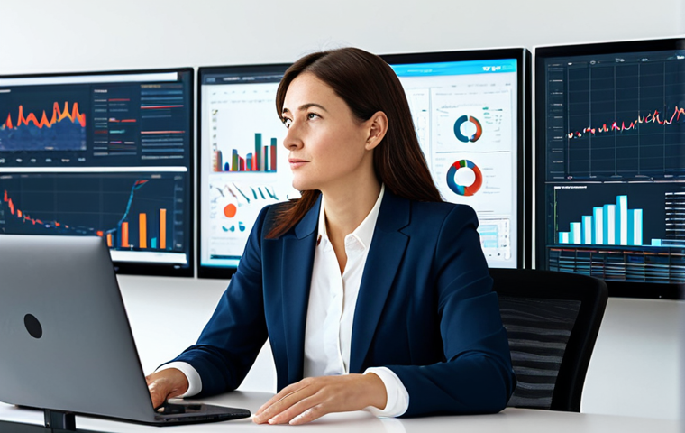 A focused professional woman, mid-30s, wearing a modest business suit, seated at a sleek modern desk. She is looking at large, clear digital screens displaying various data visualizations, charts, and analytics related to content performance. The office background is bright, clean, and minimalist, suggesting efficiency and strategic thinking. Professional photography, high-quality, fully clothed, appropriate attire, safe for work, appropriate content, perfect anatomy, correct proportions, natural pose, well-formed hands, proper finger count, natural body proportions, family-friendly.
