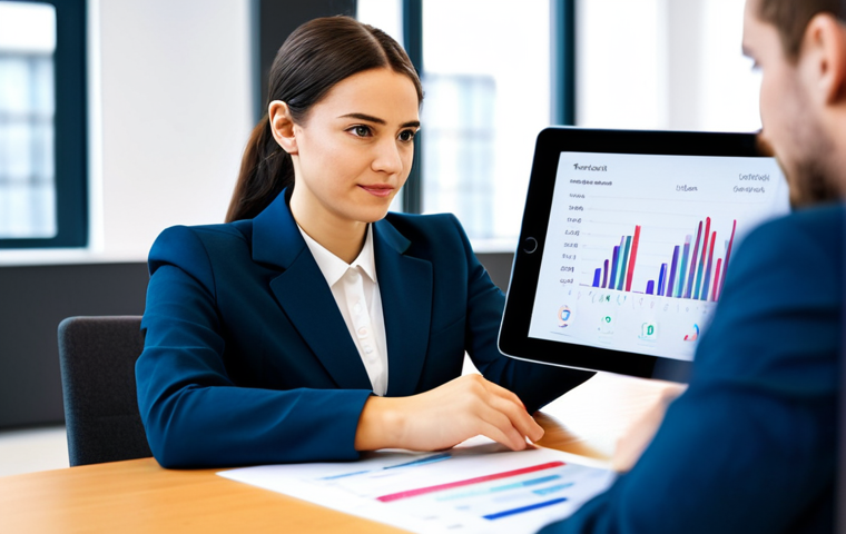 A professional content creator, a woman in a modest business suit, sitting at a modern desk, attentively looking at a digital tablet displaying abstract feedback graphs and poll results. In the background, subtly blurred, are digital representations of a diverse online community, symbolizing input. The scene is set in a bright, contemporary office space with warm, inviting light. Fully clothed, appropriate attire, safe for work, perfect anatomy, natural proportions, well-formed hands, professional photography, high quality, appropriate content, modest.
