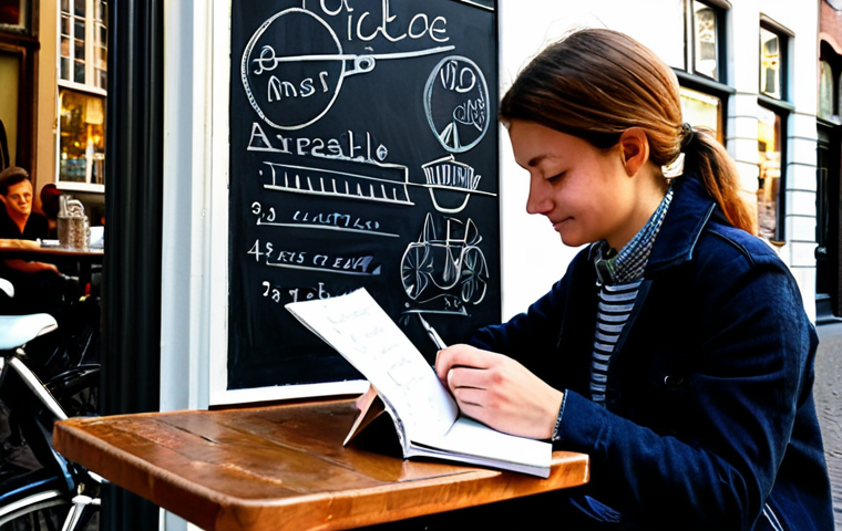 Urban Inspiration**
"A young, fully clothed artist sketches in a notebook while sitting at a café in Amsterdam, Netherlands. The scene should be bright and sunny, with bicycles passing by. The artist is wearing casual, modest clothing. The café has a chalkboard menu with Dutch words. Focus on capturing a sense of creative energy and inspiration. Safe for work, appropriate content, professional quality, perfect anatomy, natural proportions, well-formed hands, proper finger count, family-friendly."
**