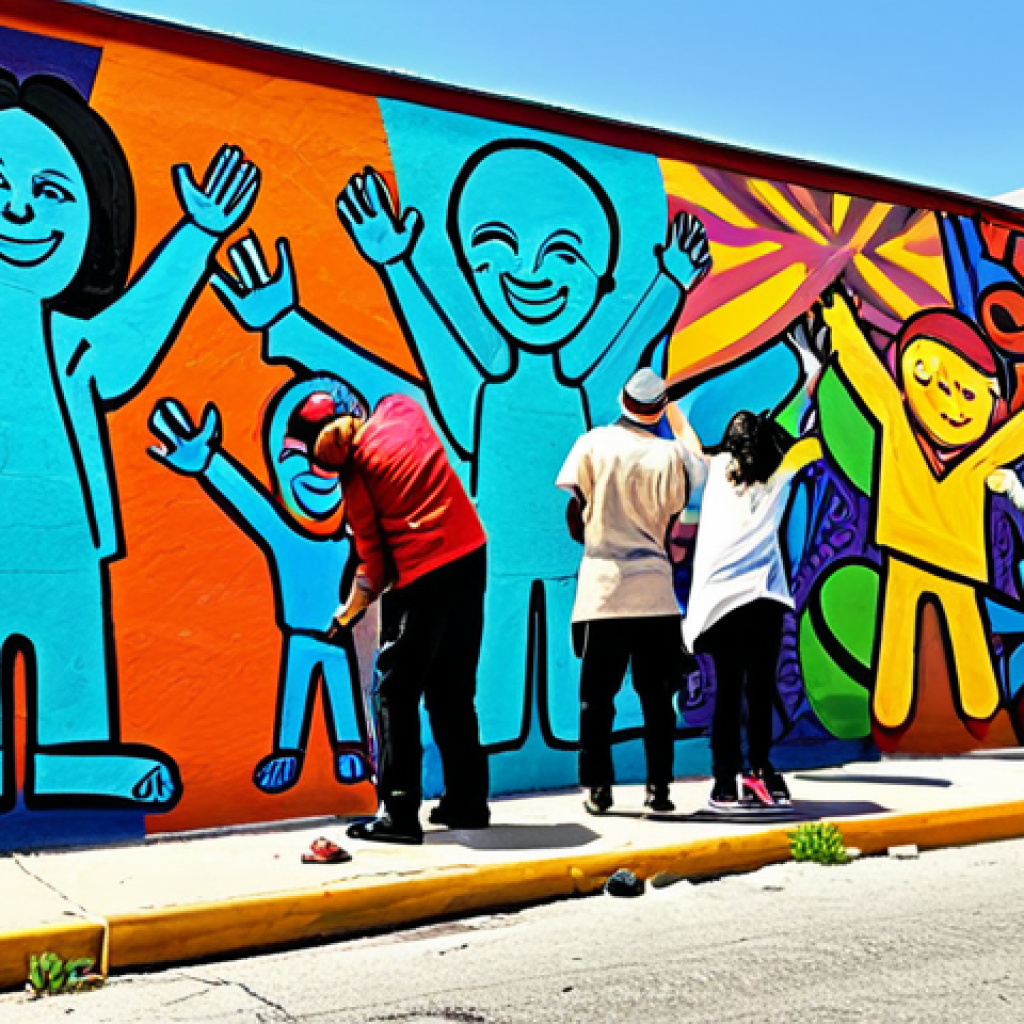 사회적 메시지를 담은 관객 참여 창작 - Community Mural Creation**

"Diverse group of people collaboratively painting a large mural in a vib...