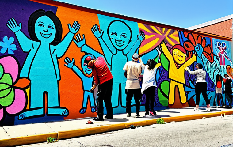 사회적 메시지를 담은 관객 참여 창작 - Community Mural Creation**
"Diverse group of people collaboratively painting a large mural in a vib...