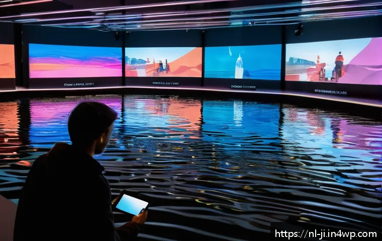 관객 참여 창작의 글로벌 사례 분석 - A vibrant virtual art gallery in Amsterdam featuring diverse interactive digital artworks displayed ...