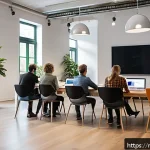 Home 18 관객의 의견을 효과적으로 반영하는 기법 - A modern Dutch office setting with a diverse group of young professionals engaged in a lively worksh...